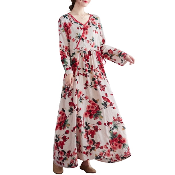 Vestido de mujer Vestido suelto vintage para mujer Vestido largo maxi de vacaciones con cuello en V estampado de manga larga 1 1