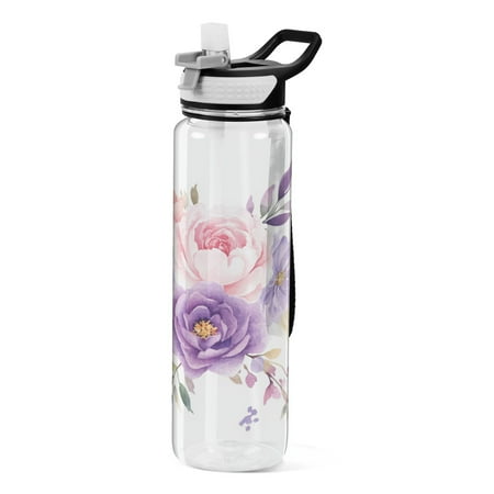 

32oz Transparent Sports Water Bottle with Straw BPA Free Tritan for Kids Adults Outdoor School Gym Fitness Purple and Pink Roses