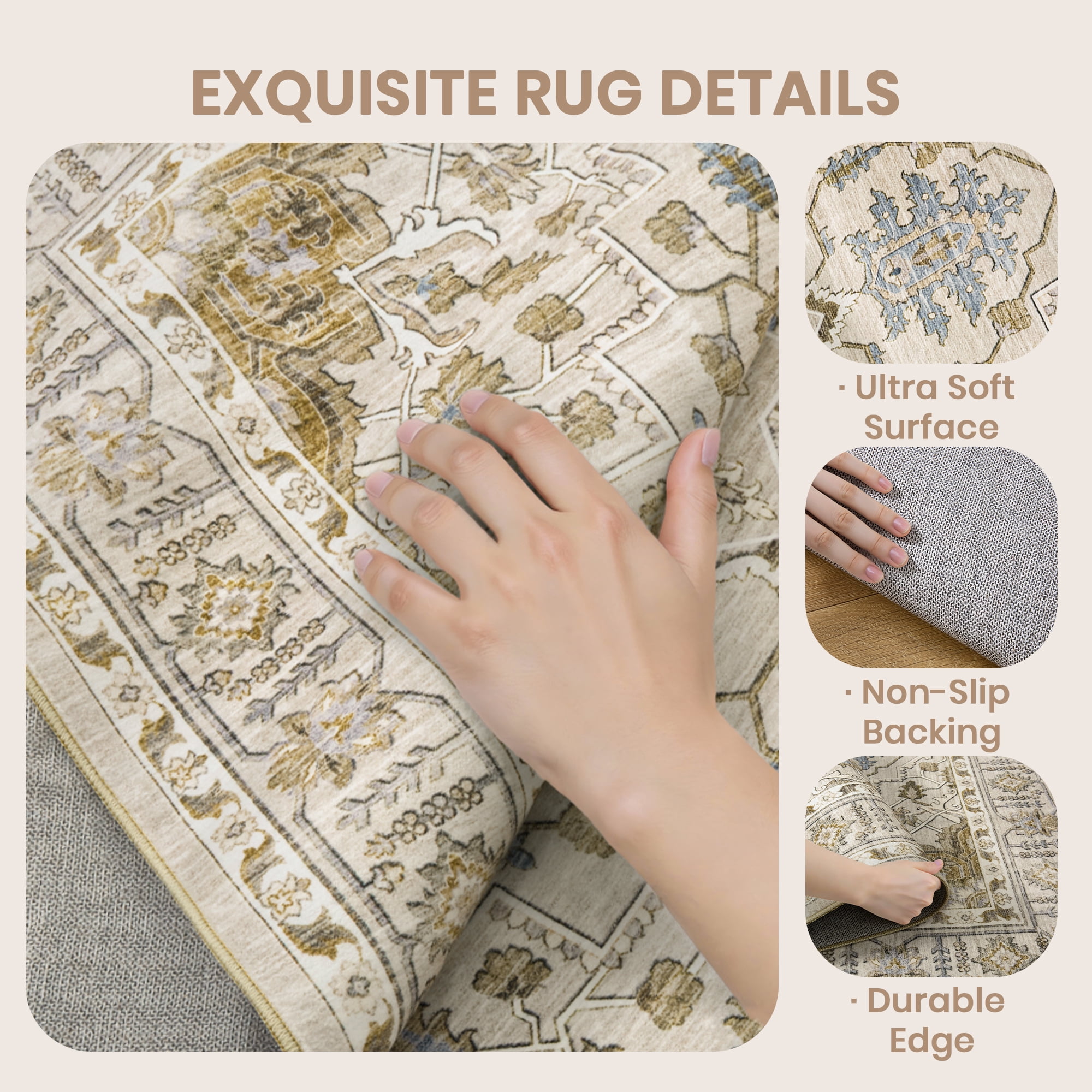 Roxstand 2'x10' Washable Runner Rug for Hallway Entrance Bedroom Entryway, Vintage Non Slip Stain Resistant Kitchen Rugs, Beige
