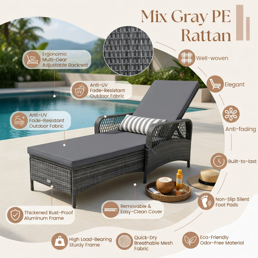 Hommoo Outdoor Chaise Lounge Chair with 6-Position Reclining Backrest, PE Rattan Patio Lounger, Includes Seat Cushion & Waist Pillow, Gray