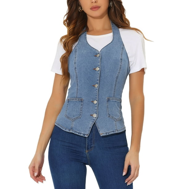 Chaleco de mezclilla sin mangas para mujer INSPIRE CHIC, con botones y espalda descubierta, talla M azul