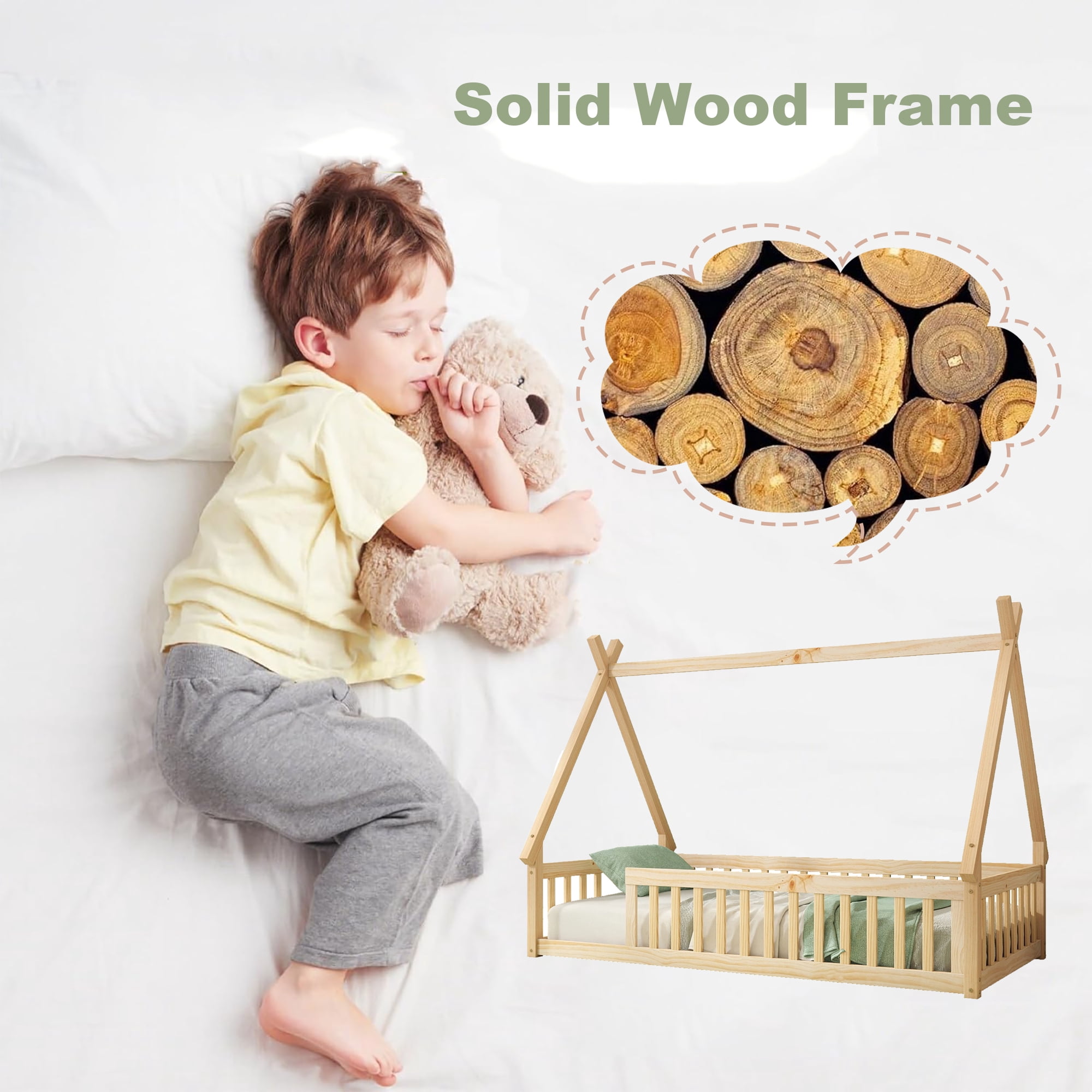 Twin Size House Floor Bed, Wood Montessori Bed Frame with Fence Guardrails, House Beds Frame (Twin,Natural)