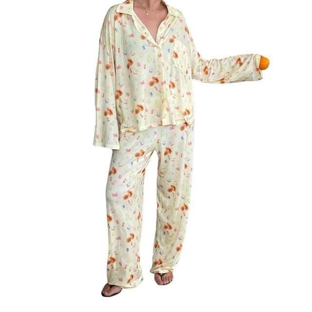 xiaxaixu Pyjama pour Femmes Ensemble de Détente Imprimé Fraise Col Rabattu Chemises à Manches Longues Hauts et Pantalons Ensemble de Détente 2 Pcs