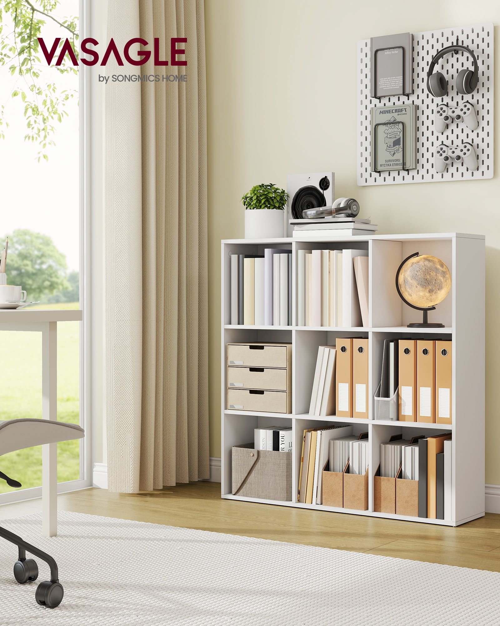 9-Cube Storage Shelf, 38.6 Inch Tall Bookcase with 9 Compartments & Anti-Tip Kit, Square Organizer for Living Room Home Office, Cloud White