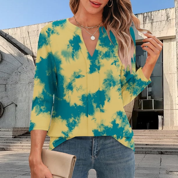 mfyjkho Tops Elegantes Para Mujer, Camiseta De Manga Tres Cuartos Con Cuello En V Y Lunares De Color Liso Para Mujer Tops Para Hacer Ejercicio M