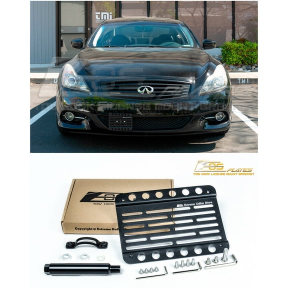 Extreme Online Store Replacement For 2008-2013 Infiniti G37 Coupe (Does NOT Fit IPL Models) | EOS Plate Version 1 Front Bumper Tow Hook License Relocator Mount Bracket Tow-136 (Mid Size)