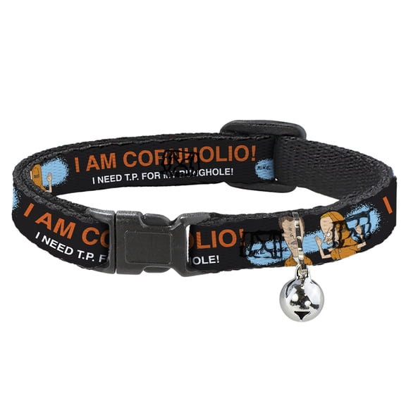 MTV Breakaway Cat Collar With Bell, Plastic Clip, Easy Adjustable, Beavis and Butt-Head I Am Cornholio Pose Black Orange White, 8.5 to 12 Inches 0.5 Inch Wide