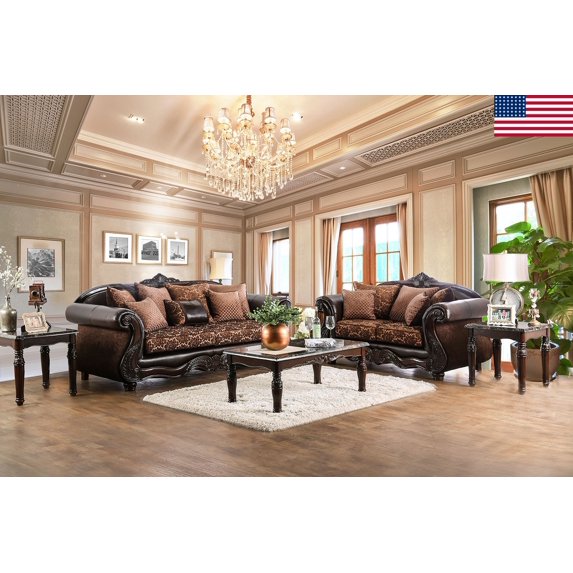 Majestic Royal 5 Piece Set Living Room Furniture Traditional Sofa Loveseat Pillows Cushion Brown Chenille Fabric Coffee Table End Tables Included USA