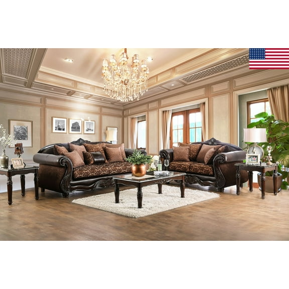 Majestic Royal 2 Piece Sofa Set Living Room Furniture Formal Traditional Sofa Loveseat Pillows Brown Chenille Fabric USA
