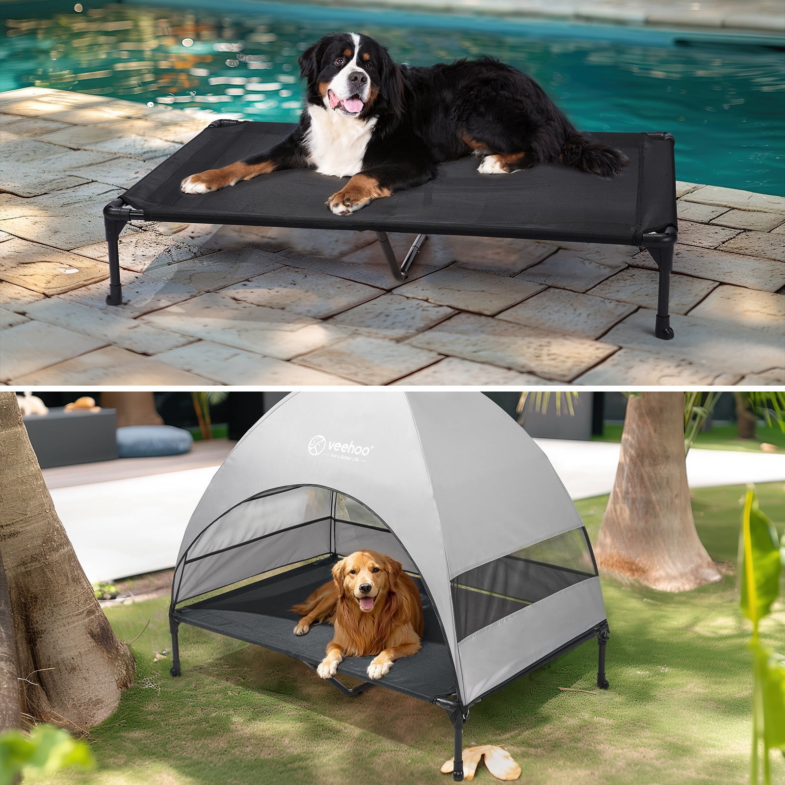 Veehoo Outdoor Dog Bed with Removable Canopy, Cooling Elevated Dog Cot Bed, XLarge, Black + Grey