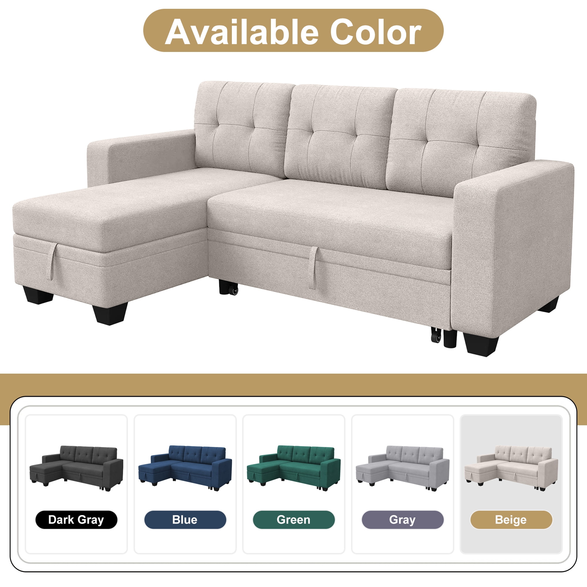 DEALTOPS Linen Reversible Sleeper Sectional Sofa Bed with Storage Chaise,Beige
