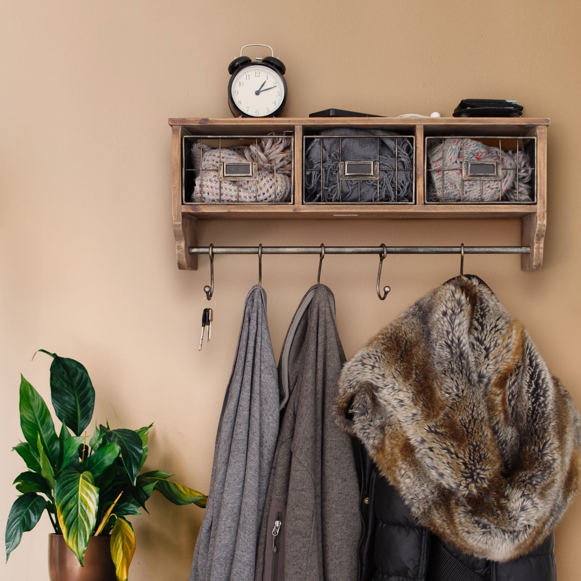 HBCY Creations Rustic Coat Rack Wall Mounted Shelf with Hooks  Baskets, Entryway  Organizer Wall Shelf with Coat Hooks and Cubbies, (Rustic Brown, 24 Inch) 