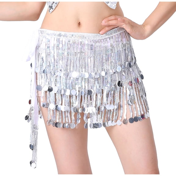 Ousvtion Sequin Skirt for Women Sparkle Tassel Skirts with Drawstring Belly Dance Hip Scarf Layered Glitter Dress Mardi Gras Outfits Dancing Cowgirl Costume Clearance Saving,Silver,Free Size