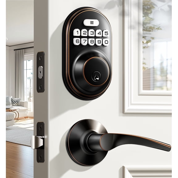 Veise Keyless Entry Door Lock with 2 Lever Handles - Electronic Keypad Deadbolt, Auto Lock, Back Lit & Easy Installation Design, Front Door Handle Sets, Oil Rubbed Bronze