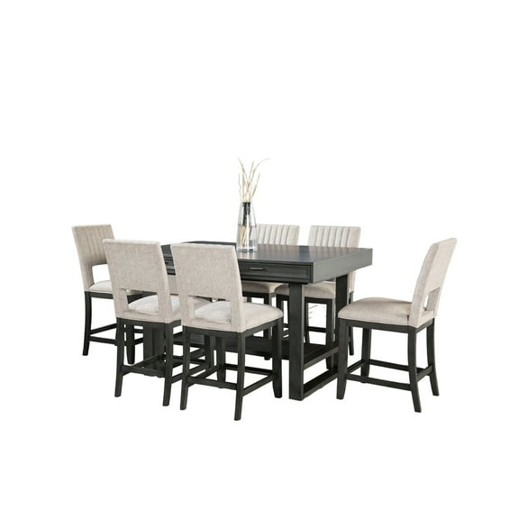 Manny Counter Height Table with Drawer, Trestle Base, Solid Wood, Gray