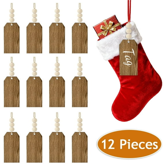 Christmas Stocking Name Tags Decoration DIY Personalized Blank Bead Wood Labels Farmhouse Xmas Stocking Hanging Tags for Party Supplies 12PCS Design 1
