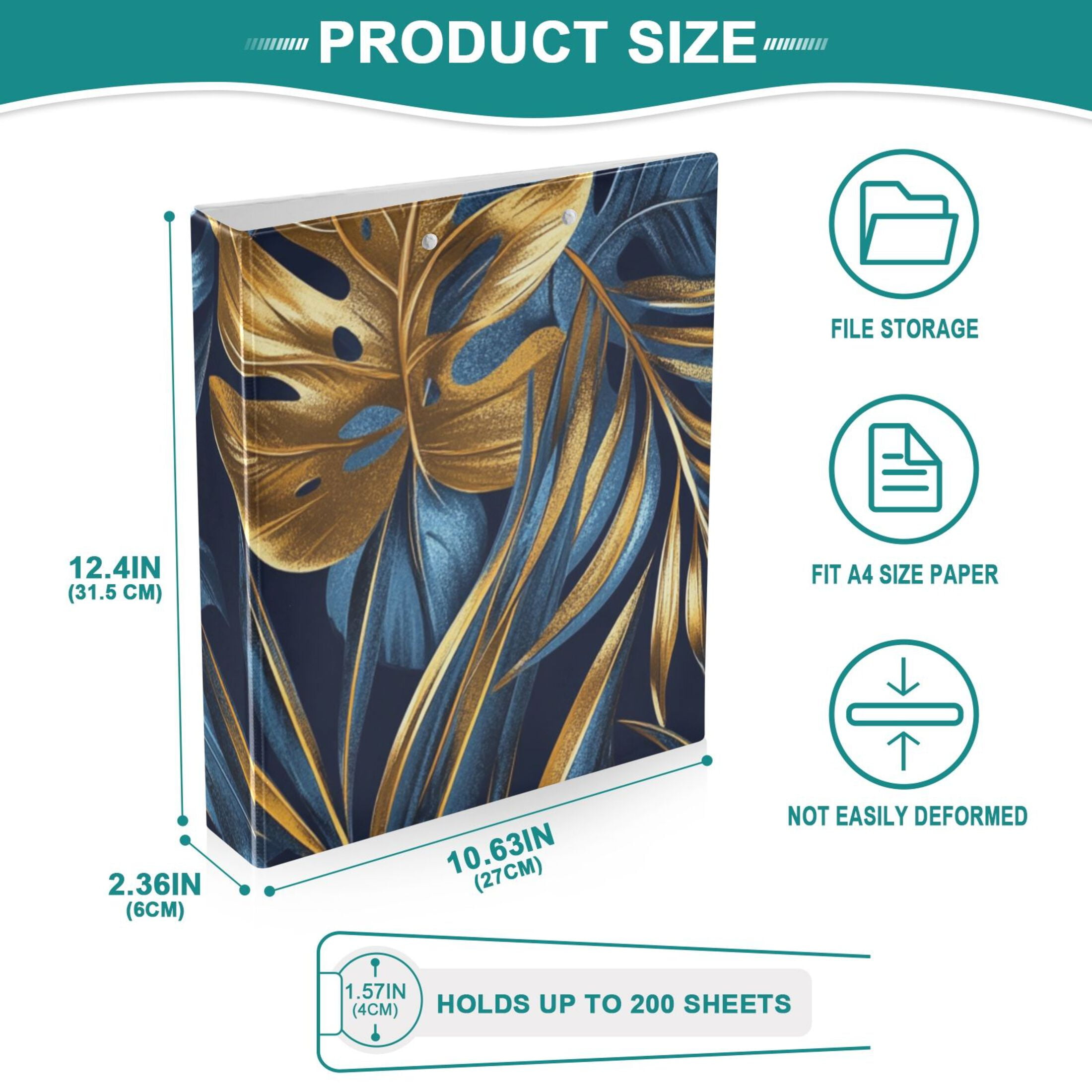 Blue and Gold Leaves 3 Ring Binders 1.5 inch Hardcover File Folders with Interior Pockets A4 Size Organizer for School Office Hospital