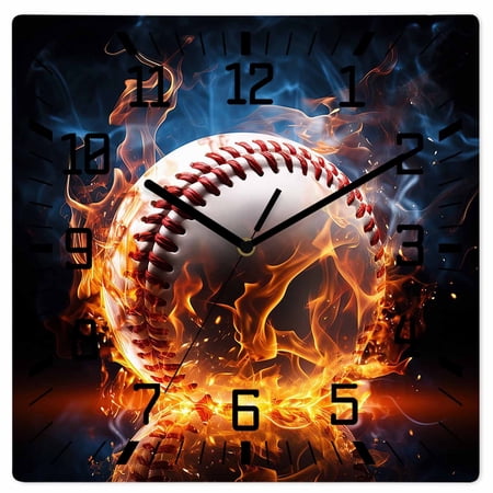 Baseball, Wooden Wall Clock Silent Non Ticking, Sports Theme Gradient Orange Blue Black Square Wall Clocks Battery Operated, Decor Clock for Home Office, Living Room, Kitchen, 10 Inch