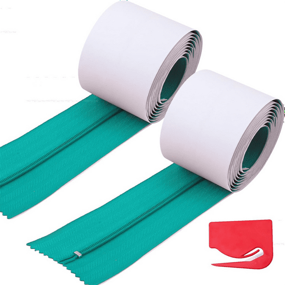 2pcs Dust Barrier Zipper,Instant Door Dust Protection Self-Adhesive Tarp Double Zipper Blade Construction Green