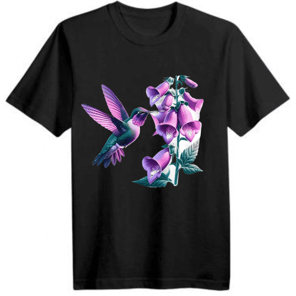 Women's Casual Short Sleeve T-Shirt - Vibrant Hummingbird & Purple Floral Print, 100% Cotton, Lightweight 220gsm, Round Neck, Machine Washable, Regular Fit for Spring Summer Outdoor Activities