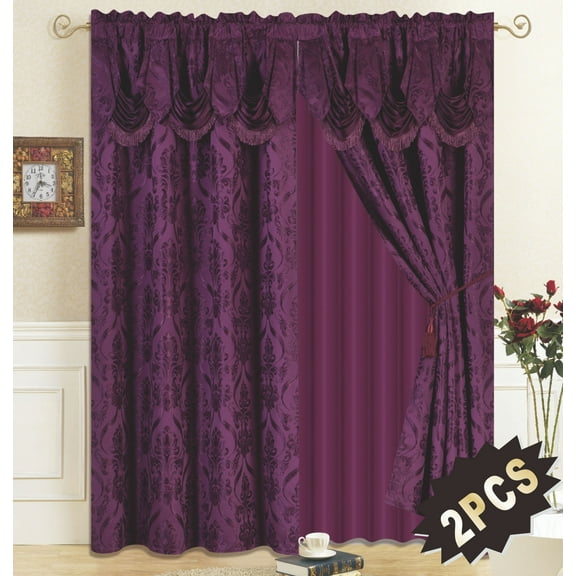 All American Collection New 4 Piece Drape Set with Attached Valance and Sheer with 2 Tie Backs Included (84" Length, Purple)