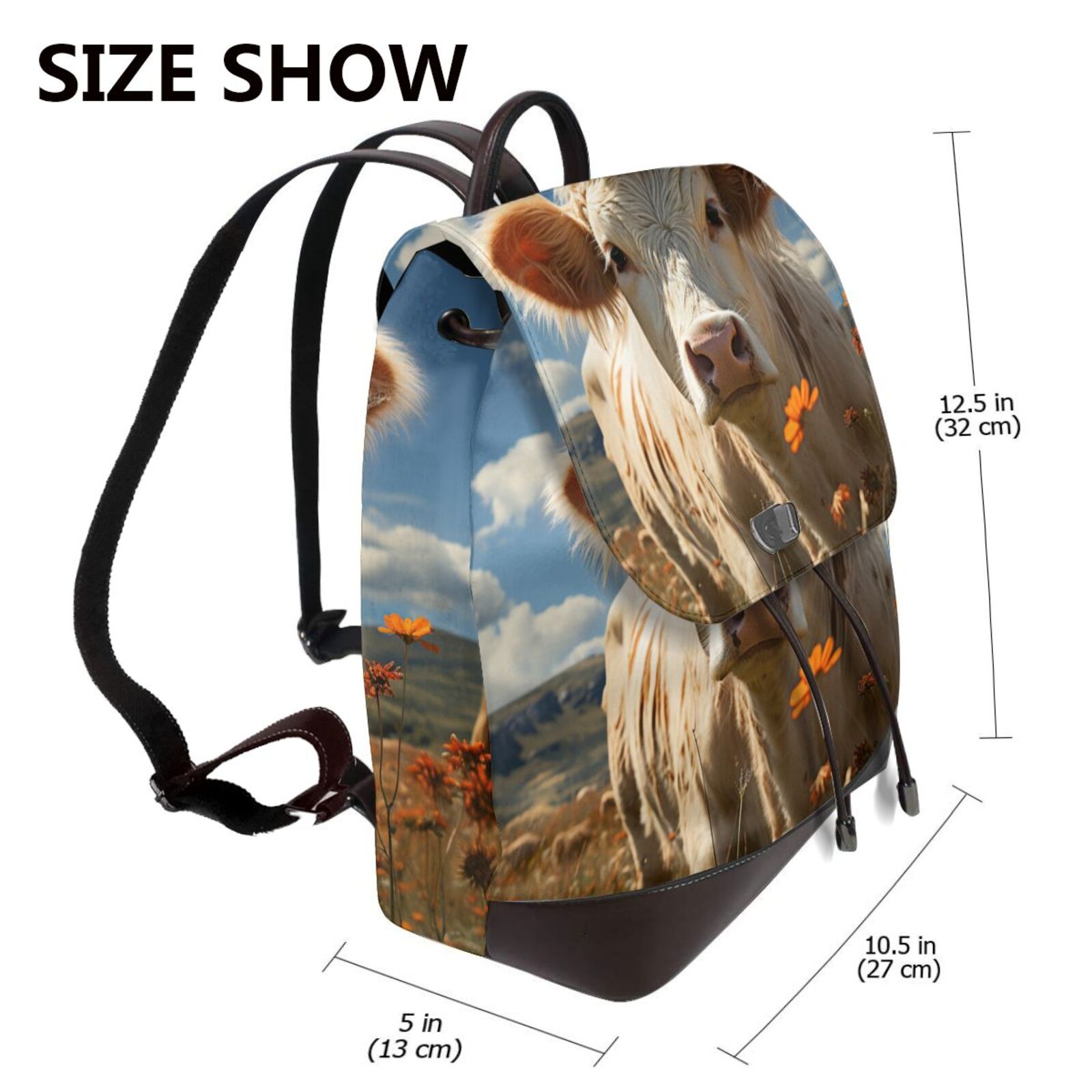 Xecao Daisy Meadow Cow Print Large Backpack Soft Leather for Women Travel with Compartment, Adjustable Convertible Strap