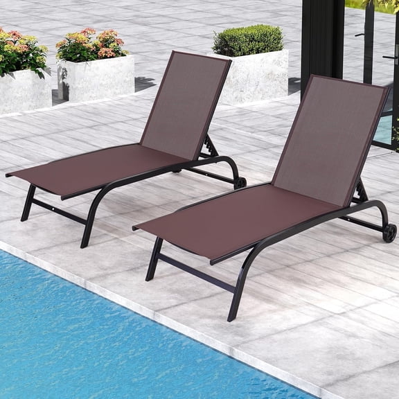 Patio Chaise Lounge Chair with Wheels, Set of 2 Outdoor Lounge Chairs with Adjustable Backrest, Waterproof Poolside Lounge Chairs
