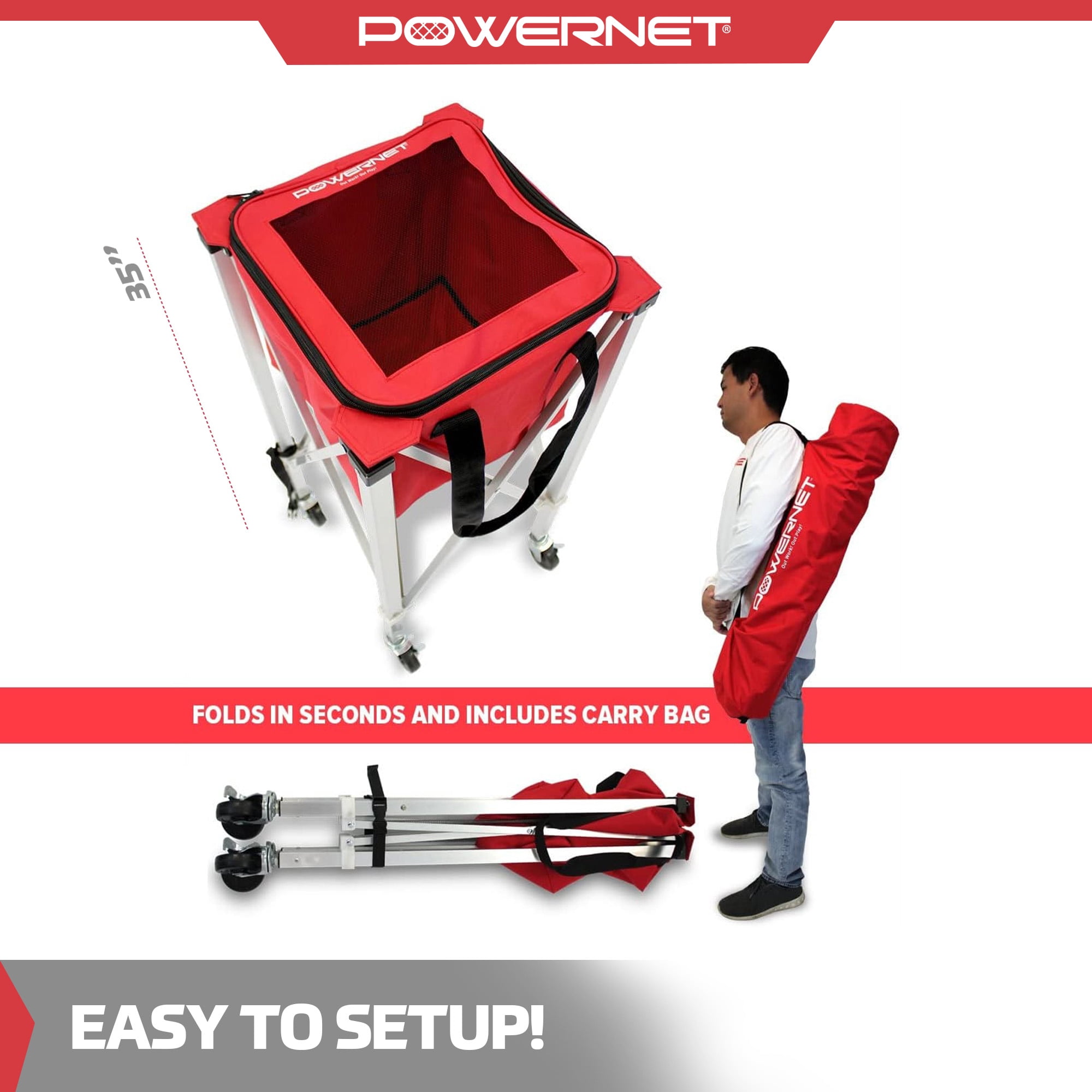 PowerNet Wheeled Ball Caddy Cart for Baseball Softball and Tennis Balls, Portable Multi Sport Ball Holder for Storage, Baseball & Tennis Ball Hopper for Use During Training and Drills