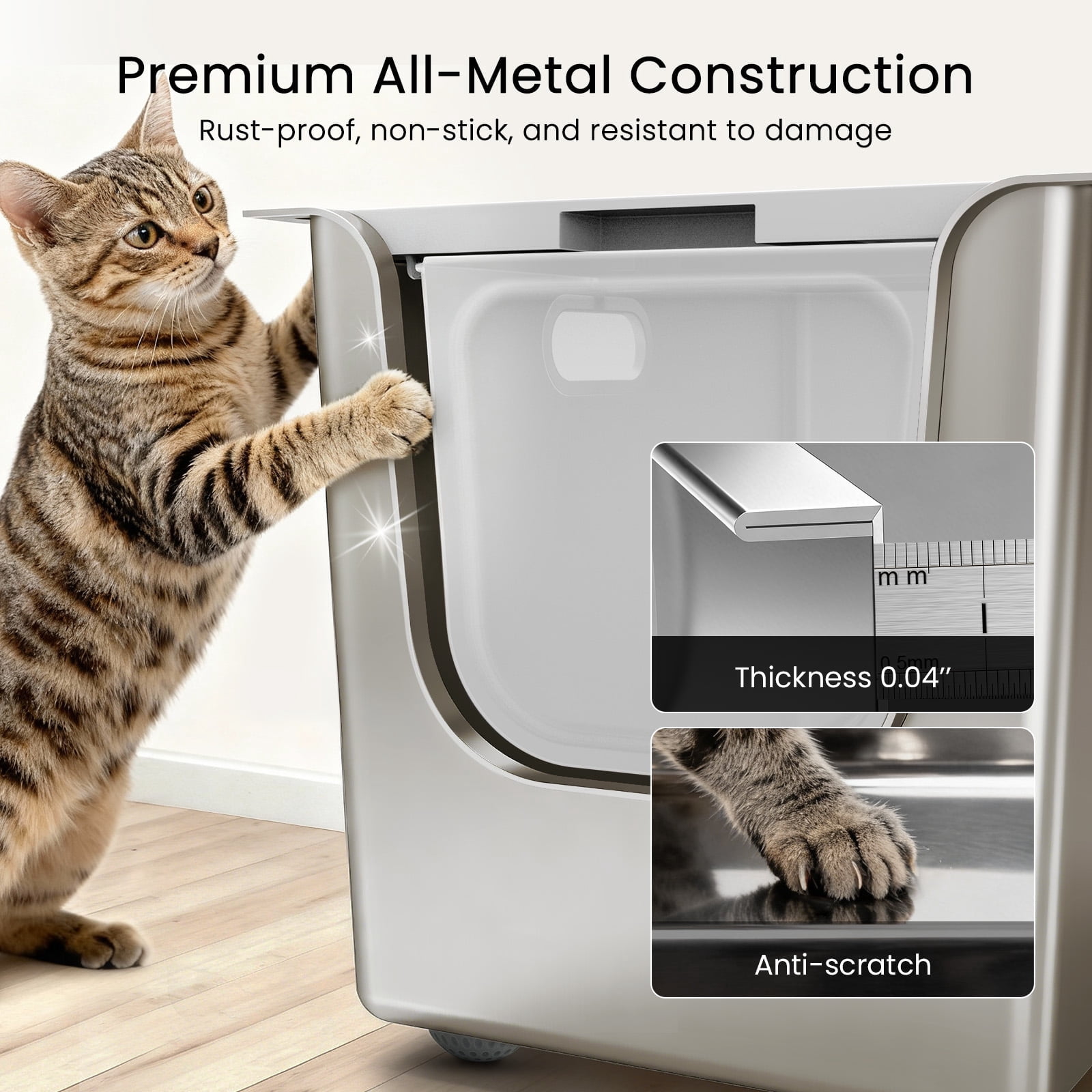 Ptlom Flip Top Stainless Steel Litter Box 22.8" x 14.9" x 14.5" Extra Large Metal Litter Box with Lid High-Sided One-Piece Litter Pan