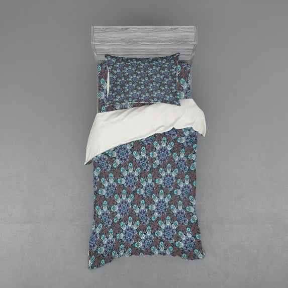 Boho Duvet Cover Set, Oriental Mandala Design with Swirls and Spirals Timeless Motifs from the Middle East, Bedding Set with Shams and Fitted Sheet, 3 Sizes, by Ambesonne