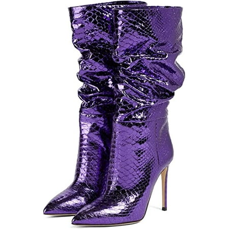 

The shy Metallic Leather Knee High Boots Women s Wide Calf Slouchy Boot Snake-pattern Stiletto Heel Booties