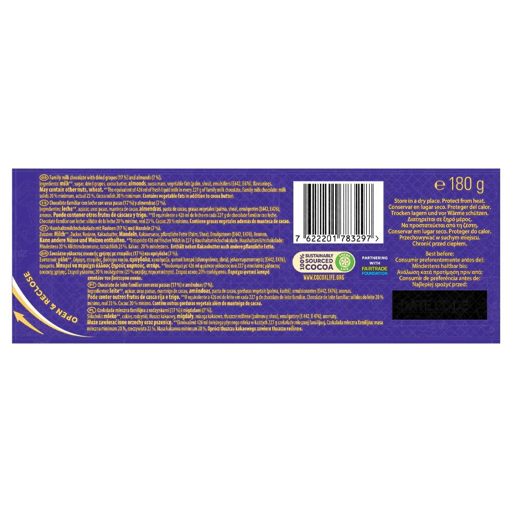 Cadbury Dairy Milk Whole Nut Chocolate Bar 180G, Imported from Britain