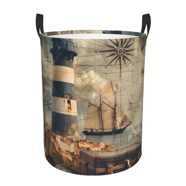 Balery Vintage Nautical Lighthouse Cesta de ropa redonda con asas, impermeable, independiente, para ropa, juguetes, dormitorio y familia-Small