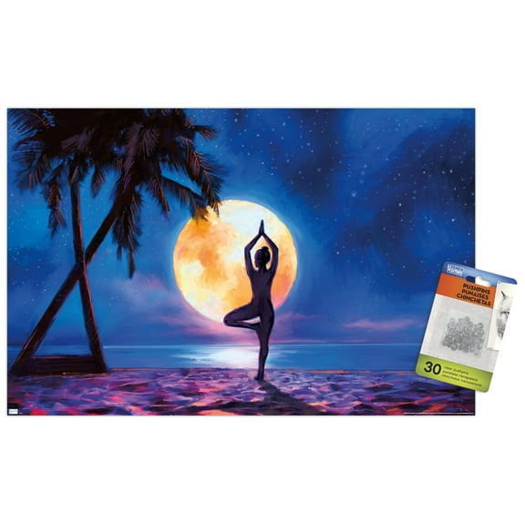 PD Moreno - Fine Art - Yoga Moonlight Beach Wall Poster with Push Pins, 14.725" x 22.375"