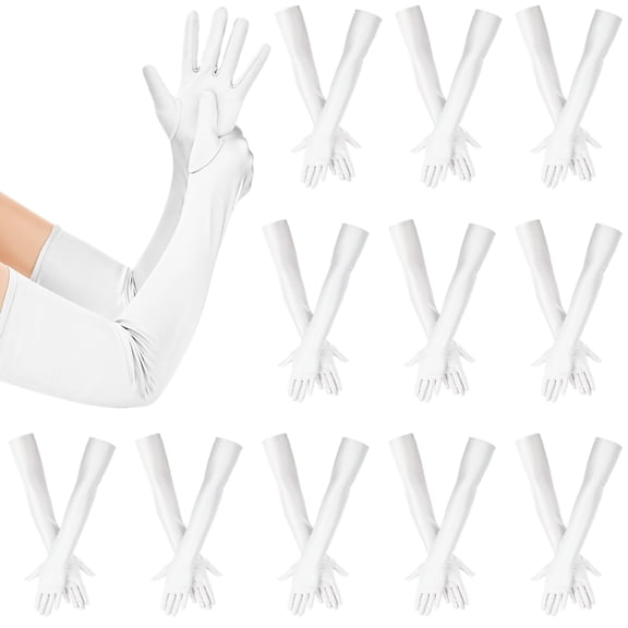 12 Pairs Long White Women's Elbow Length Satin Gloves, approx. 21 Inch Vintage 1920s Flapper Costume Accessory, Elegant Wedding Party, Masquerade Banquet Attire