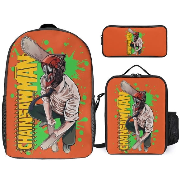 Chainsaw Man 3 Piece Backpack Set with Lunch Bag Pencil Case, High Capacity Bookbag with Lunch Box Pen Box