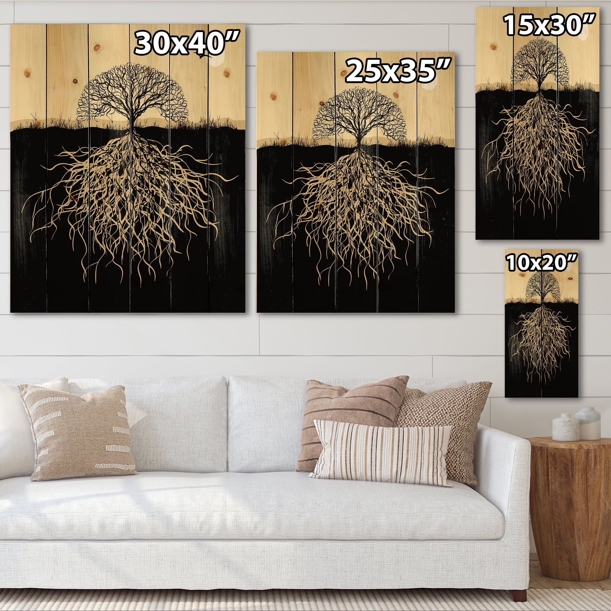 Designart 'Tree Silhouette With Underground Roots' Traditional Print on Natural Pine Wood