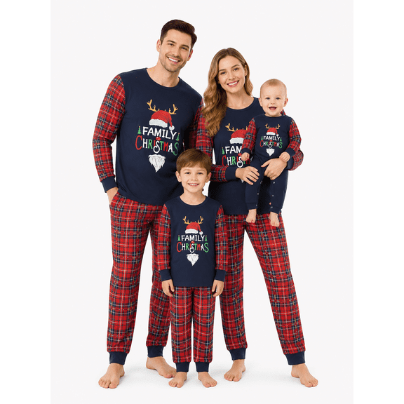 AceBaby Christmas Family Pajamas Matching Letter Print and Plaid Loungewear Soft Sleepwear Holiday PJs