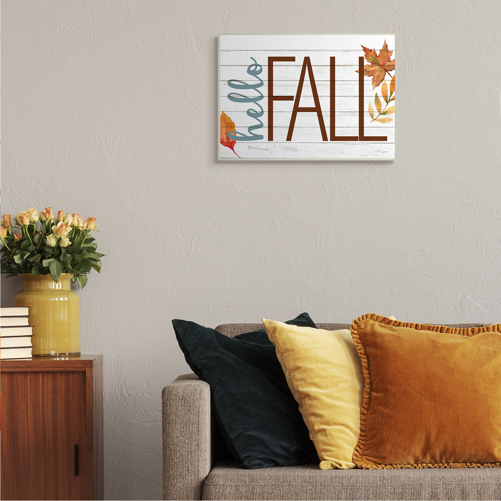 Stupell Industries Hello Fall Planked Look Autumn Foliage Holiday Painting Unframed Art Print Wall Art, 13 x 19