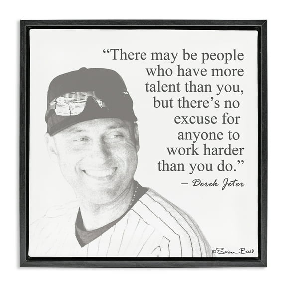 Stupell Industries Work Hard Derek Jeter Quote Inspirational Painting Black Floater Framed Canvas Art Print Wall Art, 18 x 18