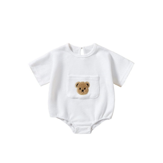 Faithtur Barboteuse d'Été pour Bébés Garçons Filles, Manches Courtes Col Rond Broderie Ours Justaucorps Gaufré