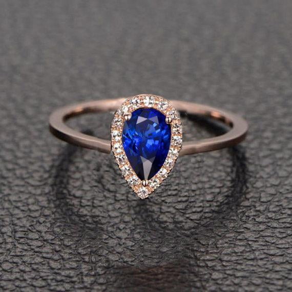 1.25 Carat Blue Sapphire 8x5mm Pear Cut And Moissanite Diamond Engagement Ring in 10k Rose Gold for Her