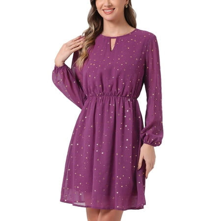 INSPIRE CHIC Women’s Dress Gilding Star V Neck Long Sleeve Party Flared A-Line Dress M Plum Purple