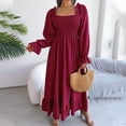 thumbnail image 4 of HAiming Square Neck Maxi Dress for Womens Fall Casual Solid Color Puffy Long Flare Sleeve Flowy Ruffled Hem Long Dress, 4 of 8
