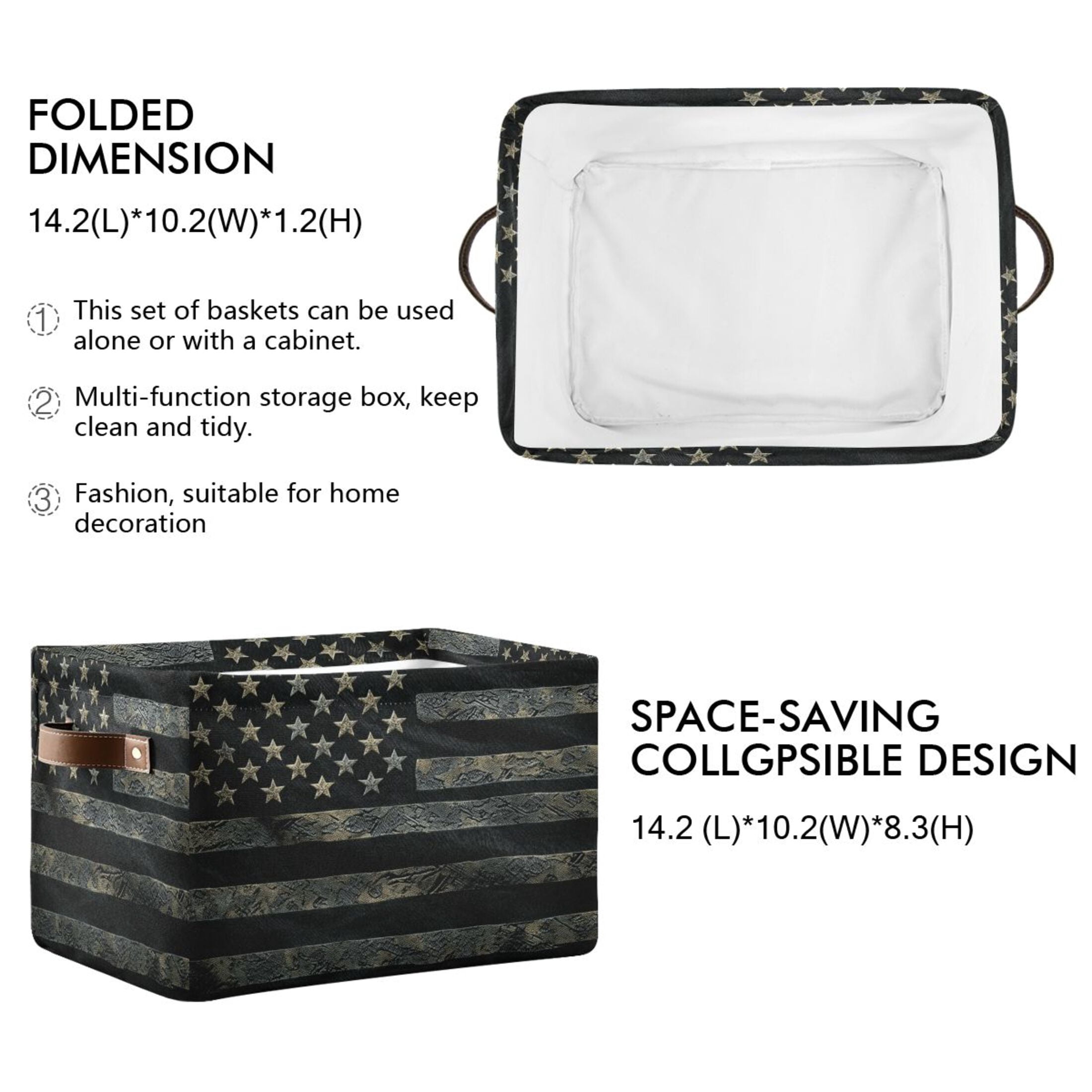 WOBOGO Black Design American Flag Square Storage Basket with Waterproof Canvas and PE Lining Durable PU Leather Handles 14.2×10.2×8.3in