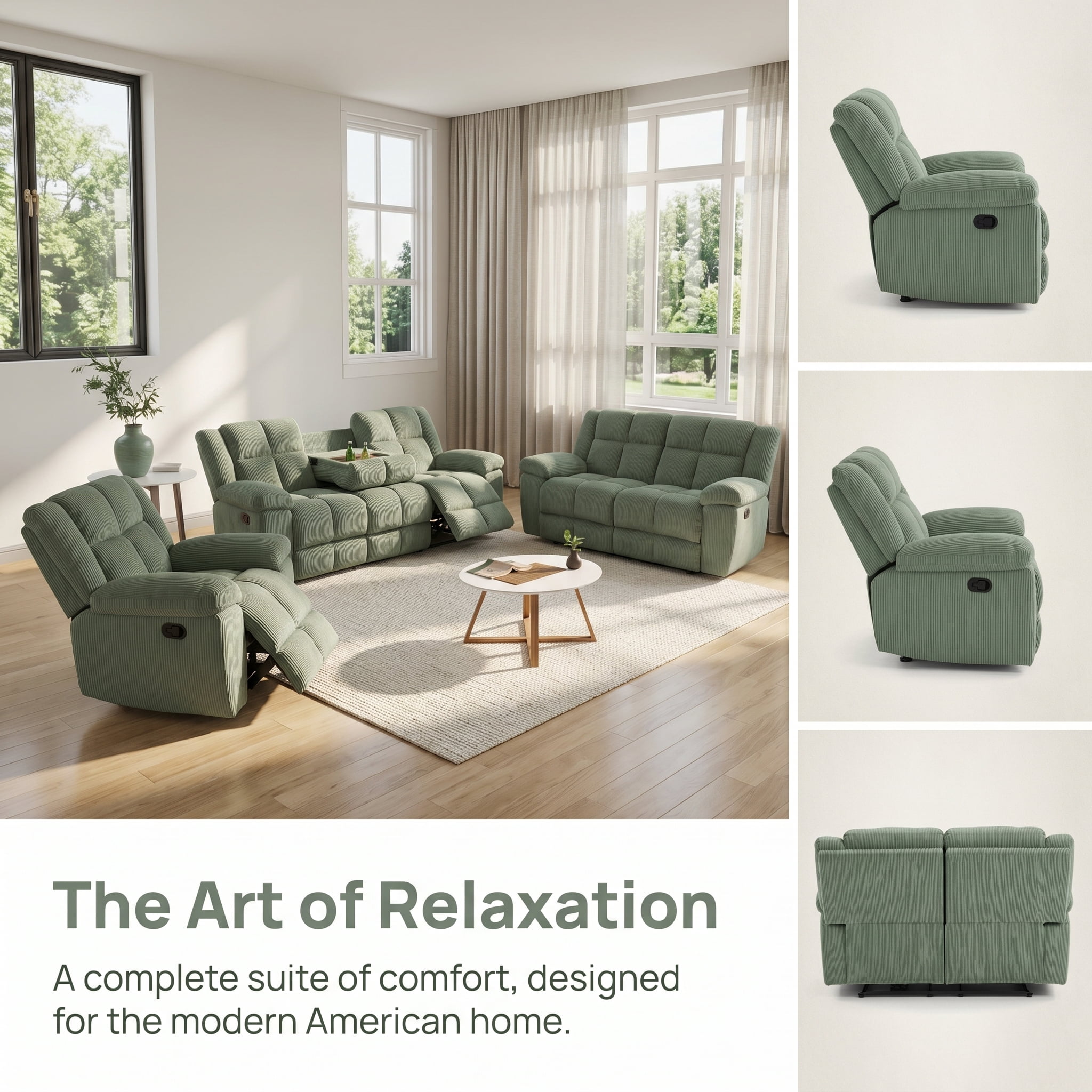 Corduroy Sectional Sofa Set, 3-Piece Soft Green Sofa Manual Recliner Couch with Loveseat & Recliner Chair, Built-in Cup Holders, Storage Console & Fold-Down Table, Plush Couch Set for Living Room
