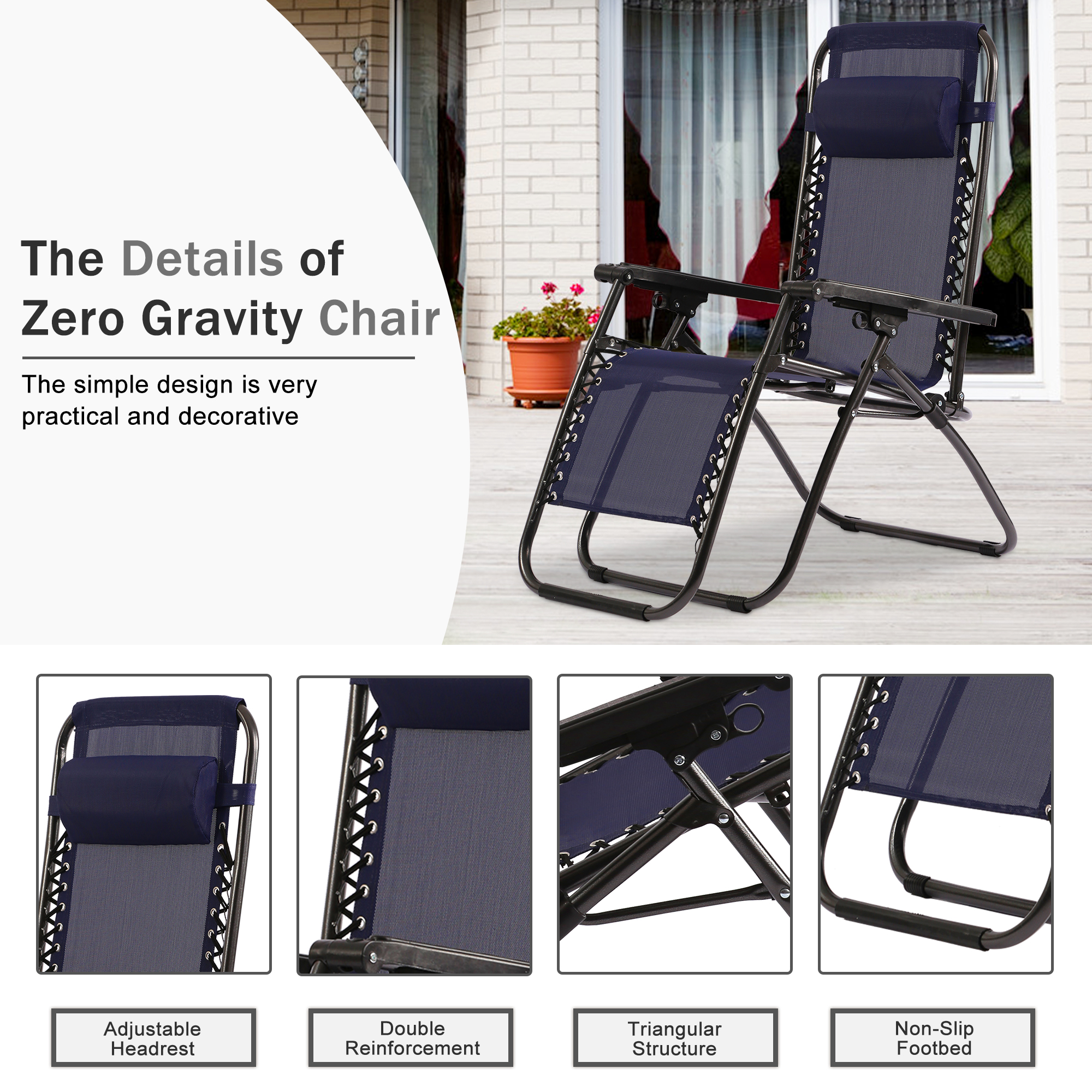 Outdoor Zero Gravity Chairs 2 Pack, Folding Patio Lounge Camping Chair Recliner with Adjustable Pillow Outdoor Furniture for Pool Side Camping Yard Beach - image 4 of 7