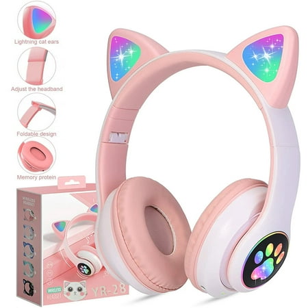 Bluetooth Headphones for Kids, Cute Ear Cat Ear LED Light Up Foldable Headphones Stereo Over Ear with Microphone/TF Card Wireless Headphone for Phone/Pad/Smartphone/Laptop/PC/TV (PIink)
