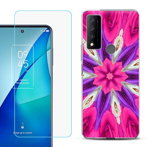 Slim-Fit Gel TPU Phone Case for TCL 4X 5G, with Tempered Glass Screen Protector, by OneToughShield ® - Kaleidoscope Rose