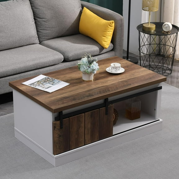 Farmhouse Coffee Table with Sliding Barn Doors & Storage, Antique Wood Living Room Center Table, Rustic Industrial Cocktail Table for Bedroom Home Office, White Dark Walnut